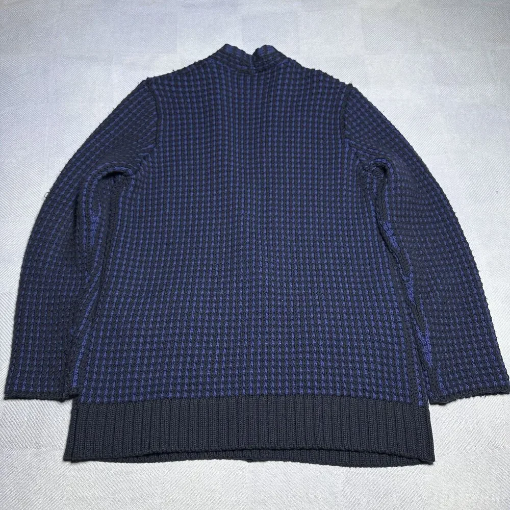 Tory Burch Black Blue Merino Wool Waffle Knit Cardigan‎ Sweater Women's Sz Large